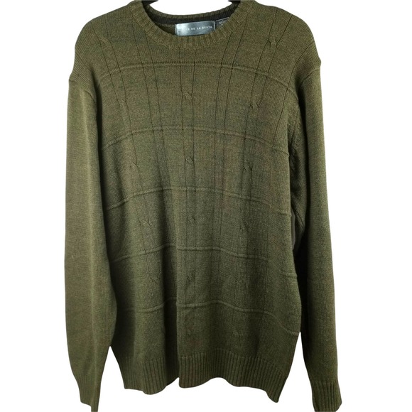 OSCAR DE LA RENTA~Men's Army Green Window Pane Cable Knit Sweater~L
